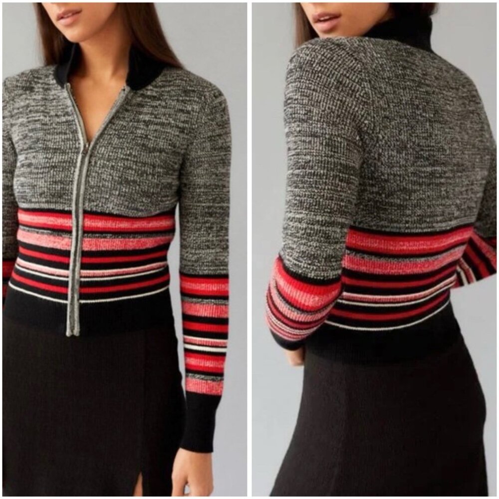 Urban Outfitters Black and Gray Zip-Front Striped Waist Sweater with Red Accents